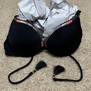 Black Tassel Trim Pushup Bikini Top